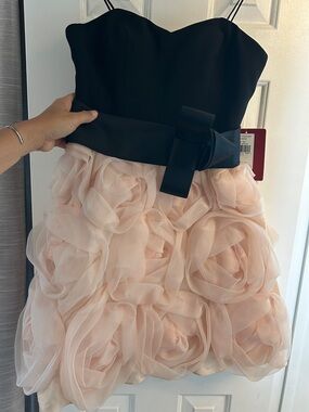 Strapless Black & Blush Rosette Mini Dress with Waist Bow